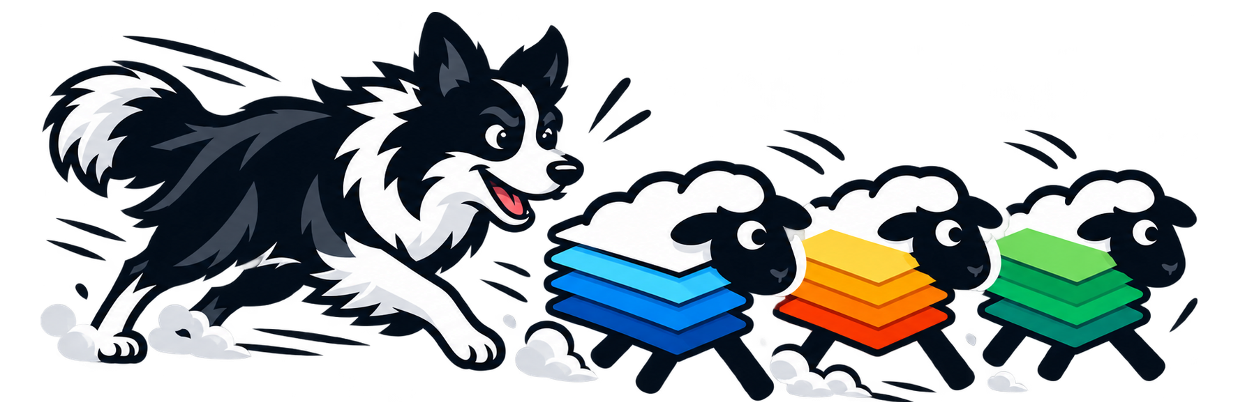 A border collie herding sheep made of stacked blue, orange, and green layers