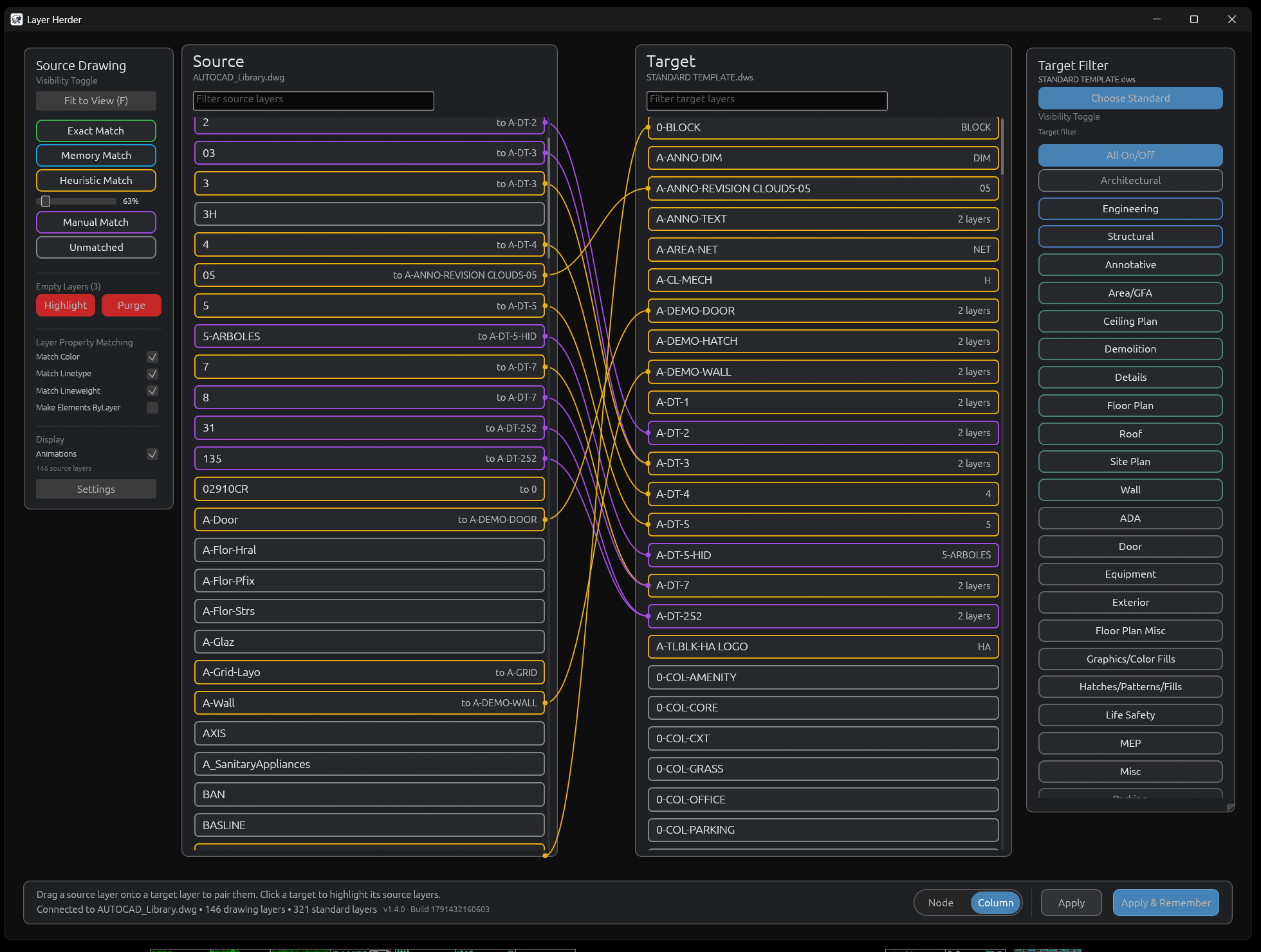 Column view: source and standard layers as scrollable lists, with the Node/Column switch at the bottom right set to Column.