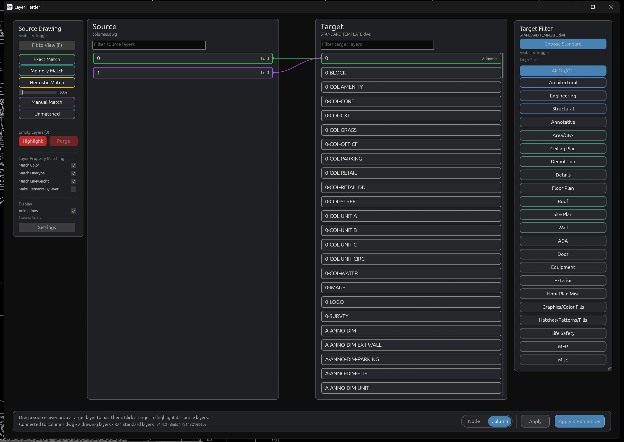 The Layer Herder mapping editor: source layers on the left, standard layers on the right, joined by match lines.