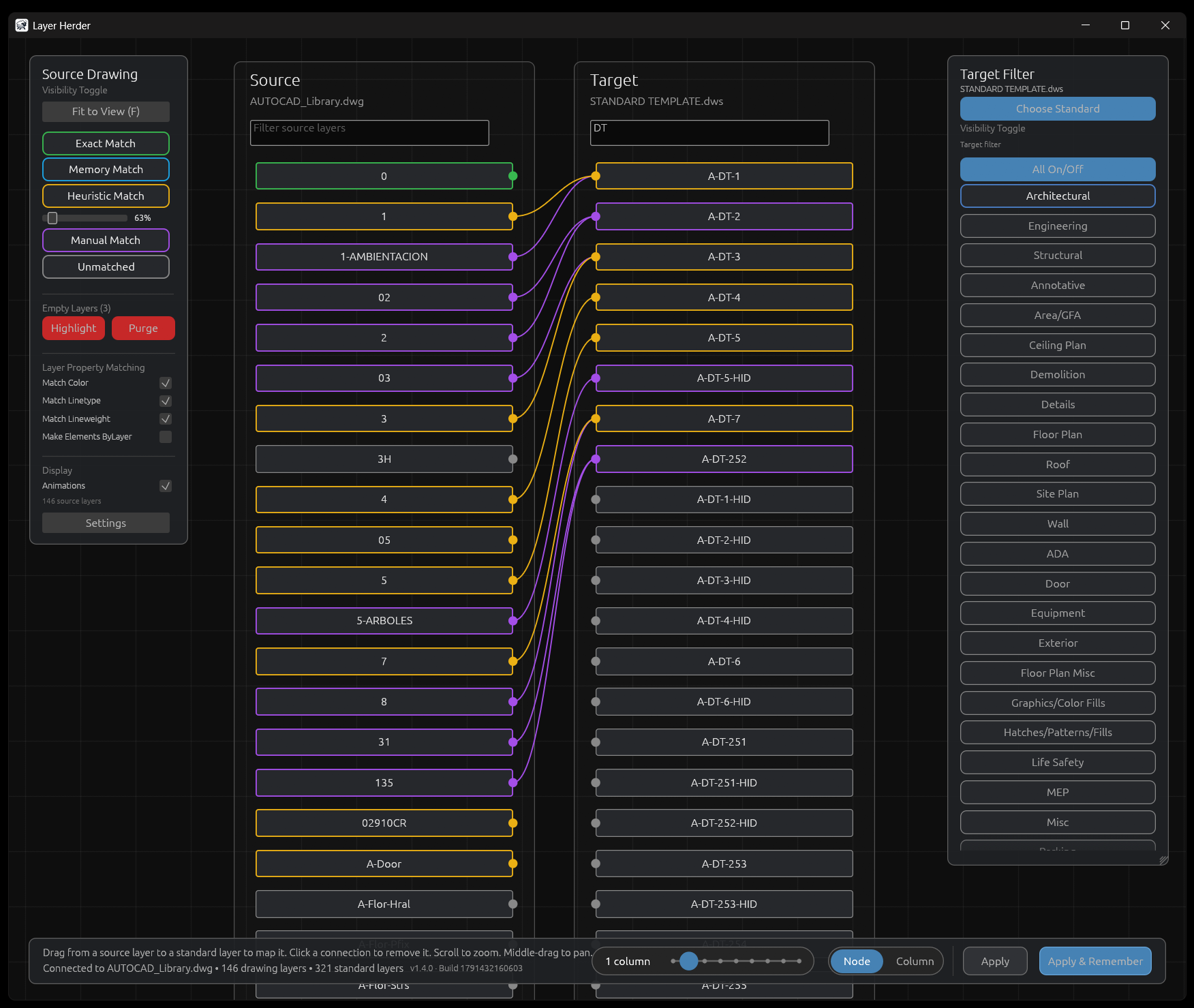 Node view: source and standard layers as boxes joined by curved match lines, with the Node/Column switch and a column-count slider at the bottom.